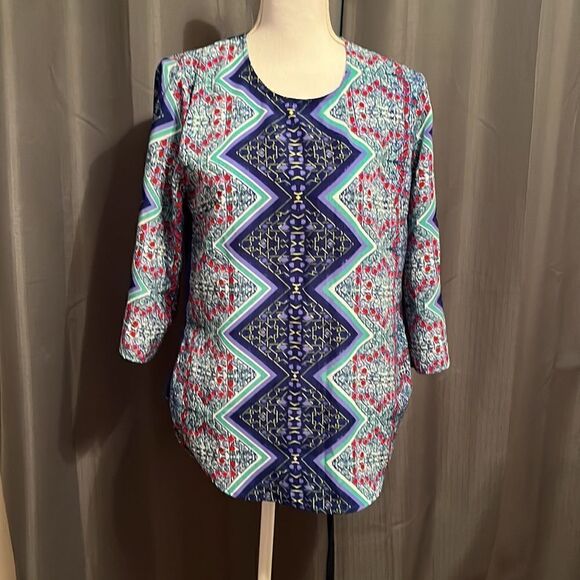 Blue Rain Geometric Print Crewneck Blouse. Size Small - Picture 1 of 7